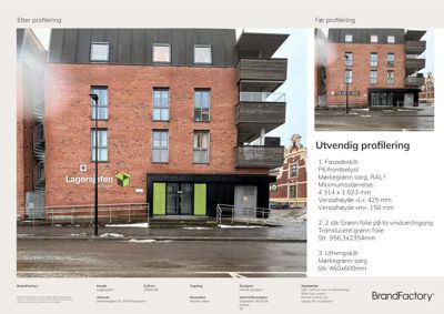 Fotografier av en bygning (Lagersjøen) med tekster om fasadebeskrivelse og profilering.