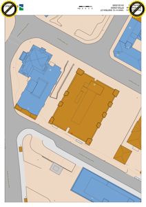 Situasjonsplan som viser tomt, bygninger, veier og gater i et nabolag.