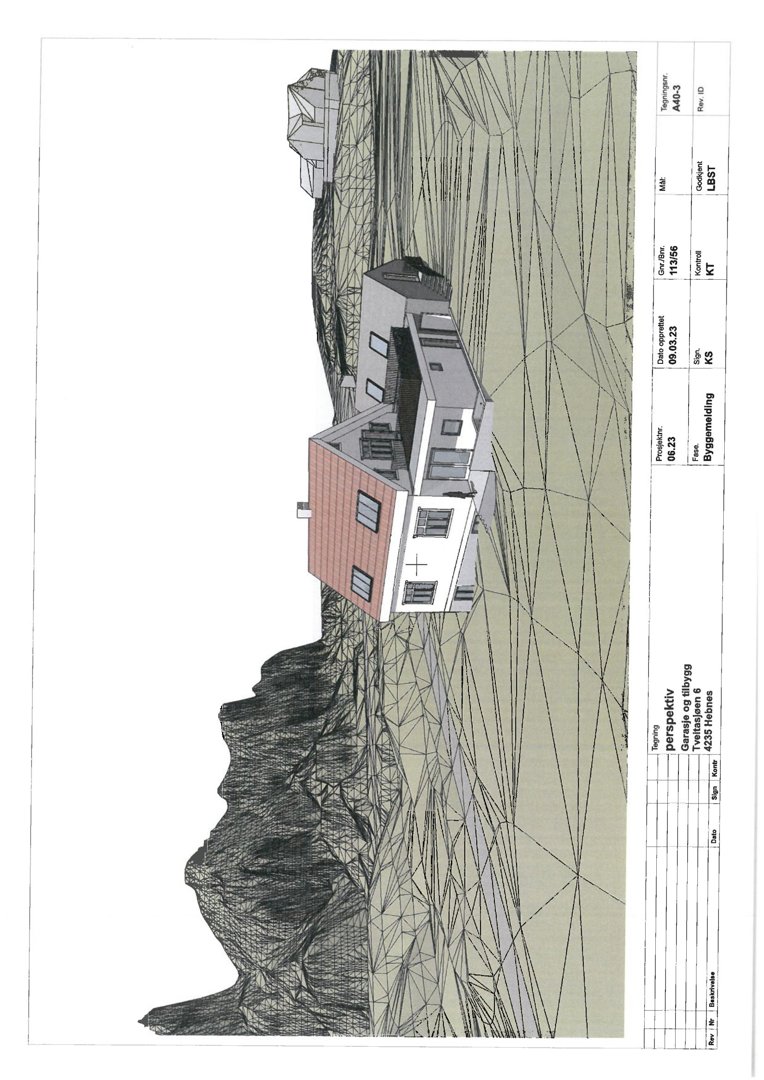 Perspektivtegning (rendering) av en planlagt bygning i et terreng. Tegningen viser fasade, takform og omgivelser.