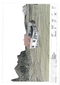 Perspektivtegning (rendering) av en planlagt bygning i et terreng. Tegningen viser fasade, takform og omgivelser.