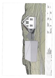 3D-visualisering (rendering) av en bygning sett fra utsiden, med terreng og omgivelsene illustrert.