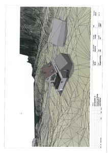 3D-visualisering (rendering) av to hus i et terreng med polygoner, sett fra en vinkel.