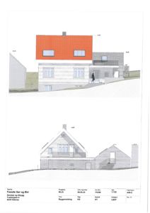 Tegning som viser fasader (Sør og Øst) for en bygning med oppriss, takform og vindusoppsett.