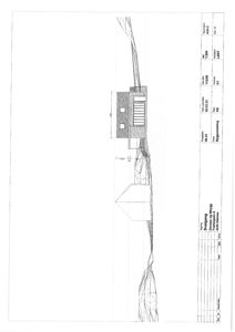 Fasadetegning som viser bygningens utseende fra siden, inkludert takform, vinduer og terrengforhold.