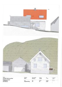 Fasadetegning som viser bygningens utseende sett fra nord og vest, inkludert takform, vinduer og terrengforhold.