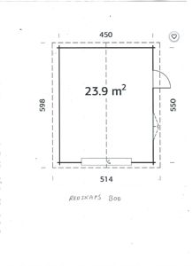 Etasjeplan for en redskapsbod med angitte mål (598x514), areal (23,9 m²) og døråpning.