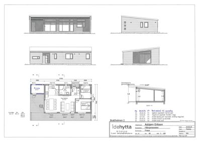 Bildet viser en detaljert etasjeplan (floor plan) for en hytte, inkludert romfordeling, mål og en snittegning (snitt A-A) som viser takhøyde og vinkler.