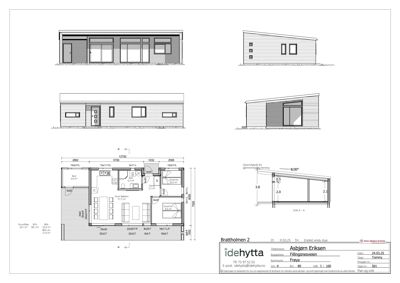 Bildet viser en detaljert etasjeplan (ground floor plan) for en hytte, inkludert romfordeling, døråpninger og mål. Det inneholder også mindre fasade- og snittegninger som er integrert i layoutet.