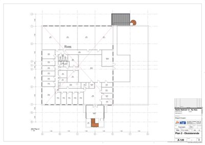 Etasjeplan (Plan 2) som viser romfordeling, vegger og dimensjoner for et eksisterende bygg.