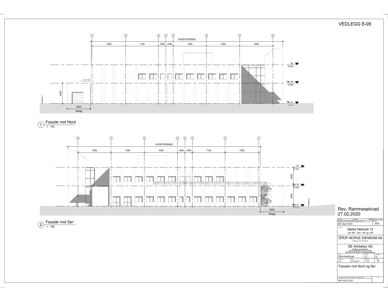 Fasadetegning som viser oppriss av bygningens fasader mot Nord og Sør, inkludert vinduer, dører og høydemål.