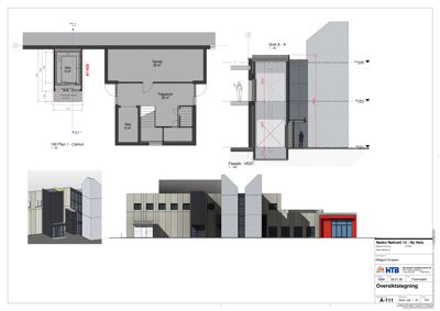 Oversiktstegning som viser fasade-opprikk (VEST), snitt (A-A) og etasjeplan (100 Plan 1 - Callout) for en bygning.