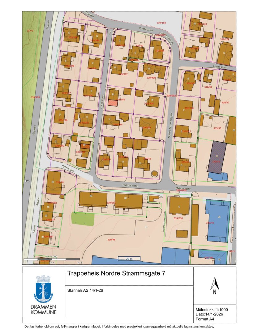 Situasjonsplan som viser eiendomsinndeling, bygningsspor og gater i et område.