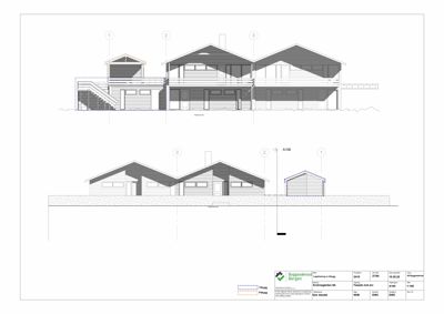Fasadetegning som viser bygningens utseende fra front og side, med oppriss og konstruksjonsdetaljer.