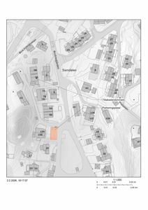 Situasjonsplan som viser eiendomsforhold, naboeiendommer, veier og topografi for området 'Samdalen'.