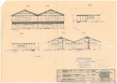 Fasadetegning som viser bygningens utsyn mot øst, vest, nord og sør.