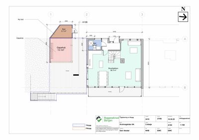 Etasjeplan for 2. etasje i en bygning, som viser romfordeling, dimensjoner og plassering av nye tilbygg.
