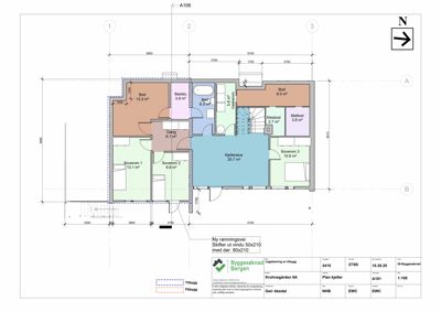 Etasjeplan for kjelleretasje med romfordeling, mål og bygningsnummer.
