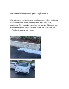 Fotografier av en privat parkeringsplass og vei ved eiendommen Krohnegården 9A.