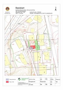 Basiskart (situasjonsplan) som viser tomtens beliggenhet, nabotomter, høydeforhold og planlagt tiltak.