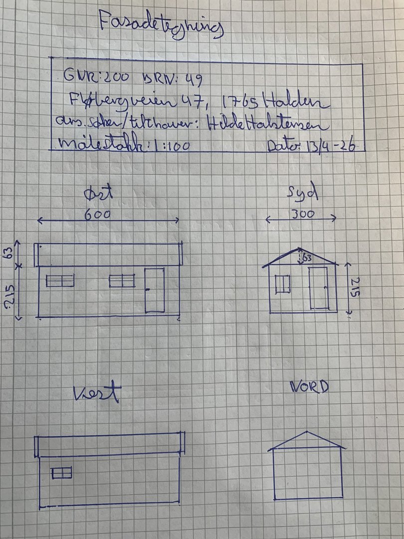 Håndtegnet fasadetegning som viser bygningens utsikt fra fire sider (Øst, Syd, Vest, Nord) med mål og detaljer.