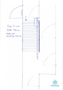 En håndtegnet detaljtegning av en trappe med angitte mål (21 trinn, bredde før og etter montering) og utgang.