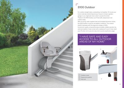 Fotografi av en utendørs trappelyft (S100 Outdoor) montert på en trapp i en hage.