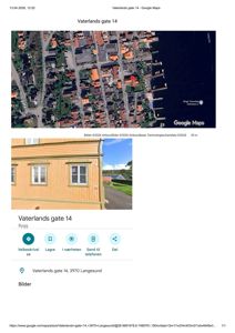 En Google Maps-sider som viser en satellittkartutsnitt (situasjonsplan) og et Street View-foto av en bygning på Vaterlands gate 14.