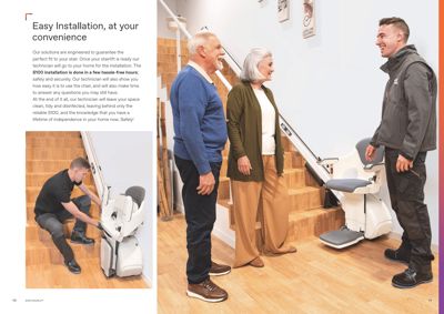 Fotografier av en eldre mann og kvinne samt en tekniker som demonstrerer en trappelyft.