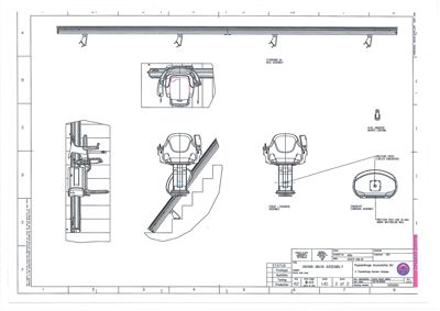 En teknisk tegning som viser detaljer for en 'ANIMA MAIN ASSEMBLY' (hovedmontering), inkludert utsnitt av rørgjennomføring, stolset og monteringsdetaljer.