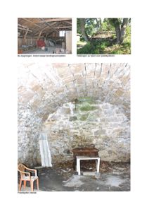 Tre fotografier som viser et gammelt steinbygg: etasjer, takkonstruksjon og potetkjellerinteriør.