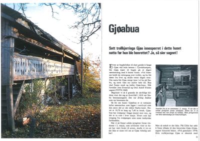 Fotografi av en gammel, utforfallende bygning (Gjøabua) med tekst om sagnet om trollkjerre.