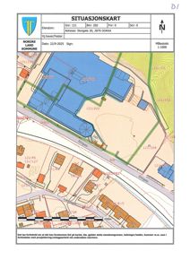 Situasjonskart som viser eiendomsgranser, naboeiendommer, veier og bygningsplasseringer i området.