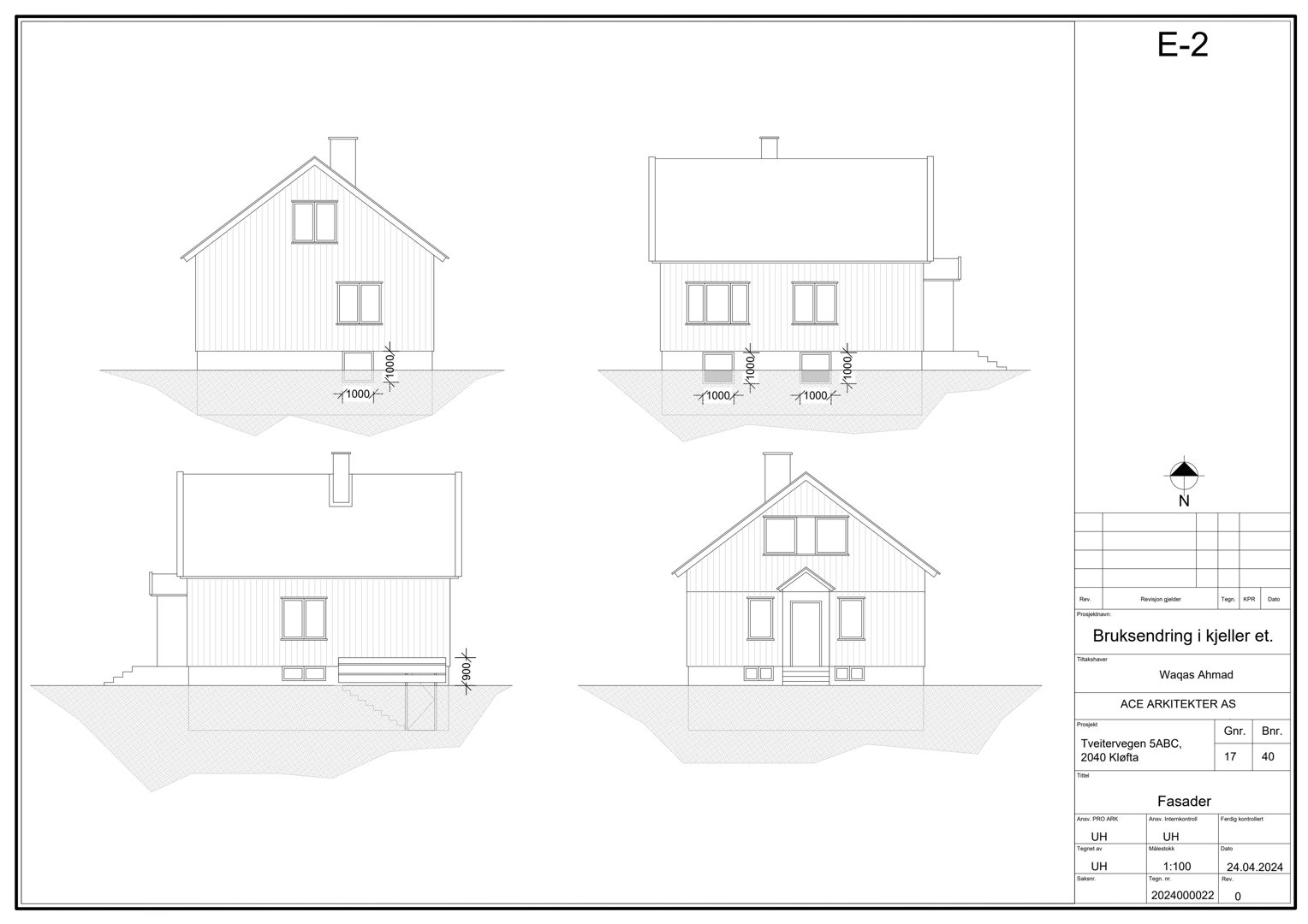 Fasadetegning som viser bygningens utsyn fra fire ulike vinkler med mål og detaljer.
