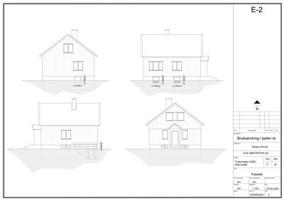 Fasadetegning som viser bygningens utsyn fra fire ulike vinkler med mål og detaljer.