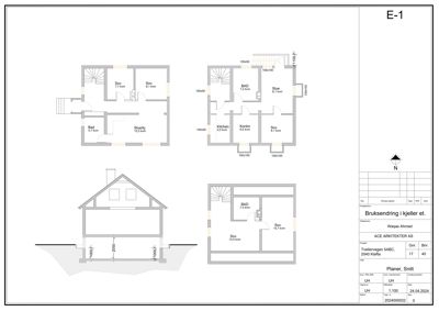 Etasjeplaner (1. etasje, 2. etasje, kjeller og snitt) som viser romfordeling, størrelser og plassering av dører/vinduer.