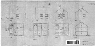 Bildet viser en tegning med fire ulike fasadeoppsett (fra front, side, bak og en annen side) for en bolig, samt tilhørende etasjeplaner og snitt.