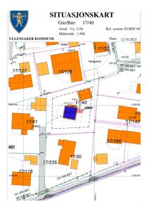 Situasjonskart som viser eiendomsnummer 17/40 i Ullensaker kommune, med omgivende eiendommer, vegnett og arealdata.