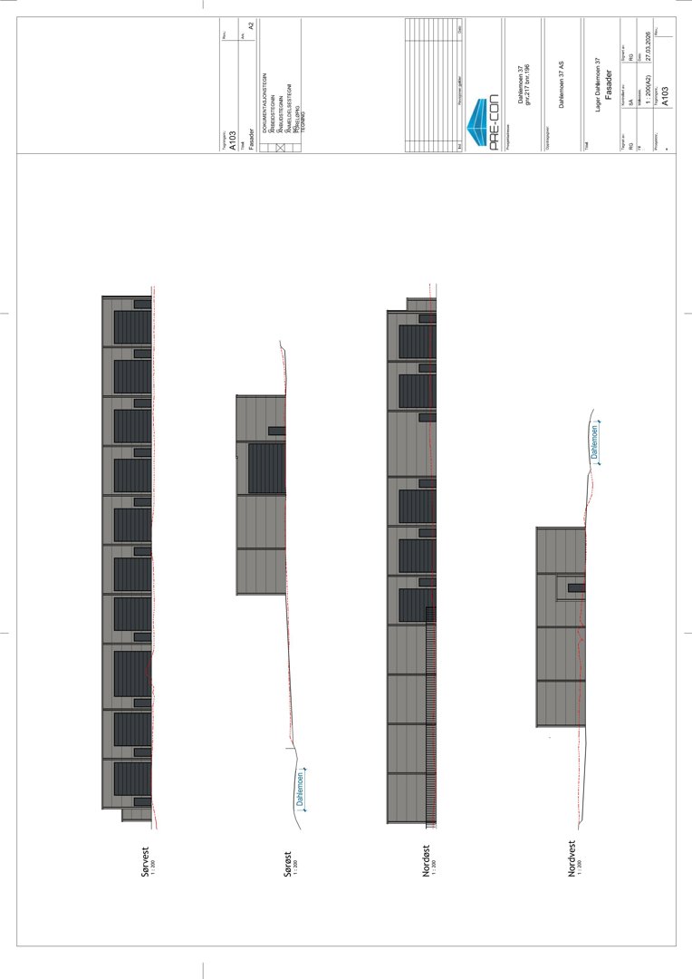 Fasadetegning som viser bygningens utseende fra fire sider (Sørvest, Sørøst, Nordvest, Nordøst).