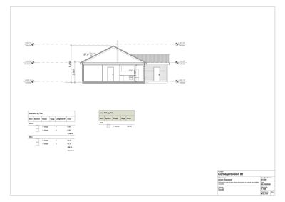 Snittegning som viser bygningens tverrsnitt, høyder, takform og romfordeling.