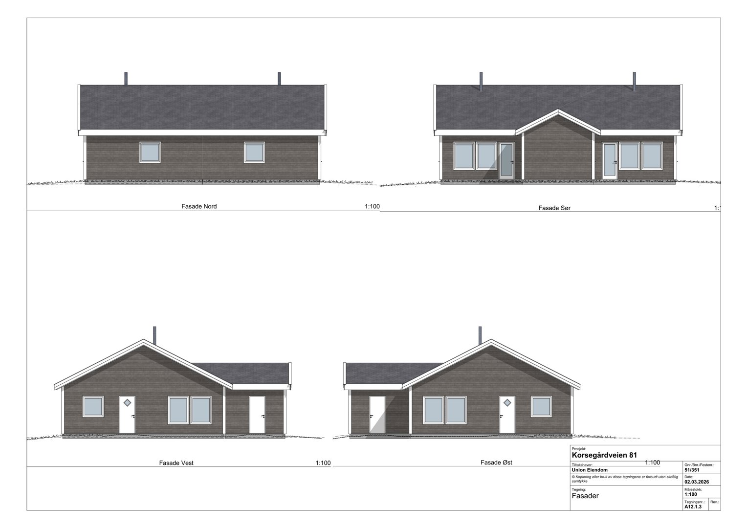 Fasadetegning som viser bygningens utseende fra fire sider (Nord, Sør, Vest, Øst) med vinduer, dører og takform.