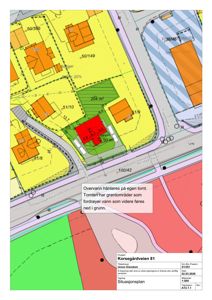 Situasjonsplan som viser tomtens plassering i forhold til nabolag, veier og grøntområder.