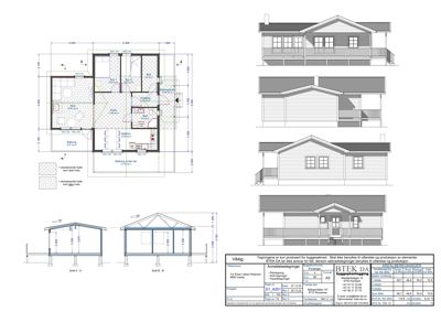 Bildet viser en samling tegninger for et hus, inkludert etasjeplaner (romfordeling), fasadeopprikk og snittegning.