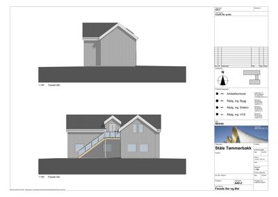 Tegning som viser fasadeopprikk (Fasade Øst og Fasade Sør) for en bygning i 1:100 skala.