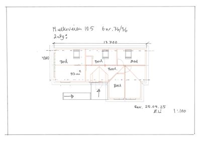 Etasjeplan (2. etg) med romfordeling, mål og notasjoner.