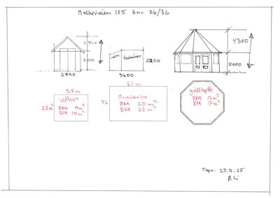 Håndtegnet fasadeoppsett som viser tre ulike forslag til utforming av en hytte (enkel, moderne og med tårn), inkludert mål og arealoppdelinger.