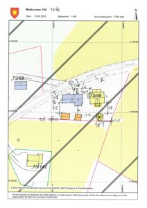 Situasjonsplan som viser tomtene, bygninger og veier i området rundt Melkeveien 105.