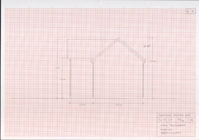Oppriss av fasade sett fra øst (Ost) med angitte mål på høyder og bredder.