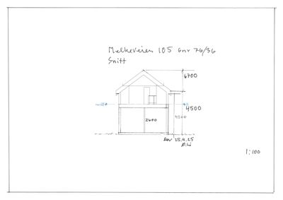 Snittegning av en bygning (Melkeveien 105) med høydemål og etasjer.
