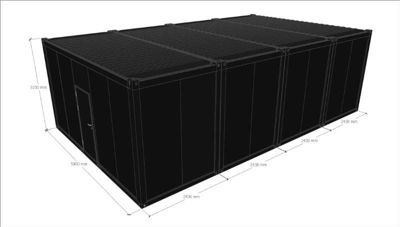 3D-visualisering av en modulær bygning (kanskje container) med angitte mål.