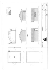 Fasadetegning som viser front-, side- og bakfasade for en liten bygning (trollbunke eller lignende).